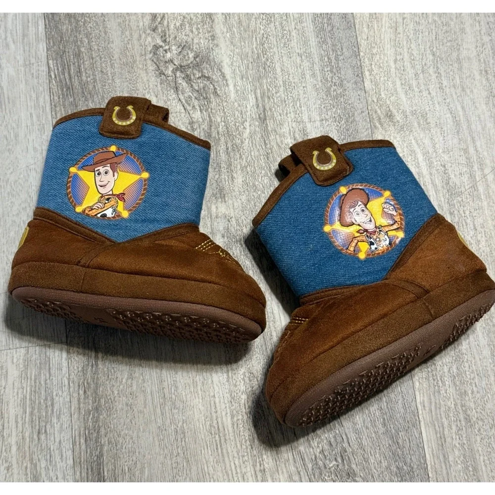 Disney Toy Story Woody Cowboy Boot Slippers Toddler Size 5-6 Brown Blue Denim